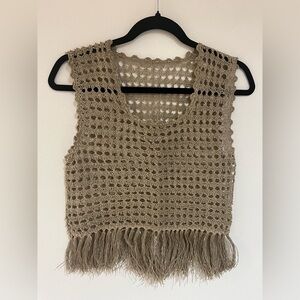 Tan Crochet Fringe Sleeveless Top